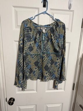 Unique Spectrum Blue and Olive Patchwork Tunic Blouse